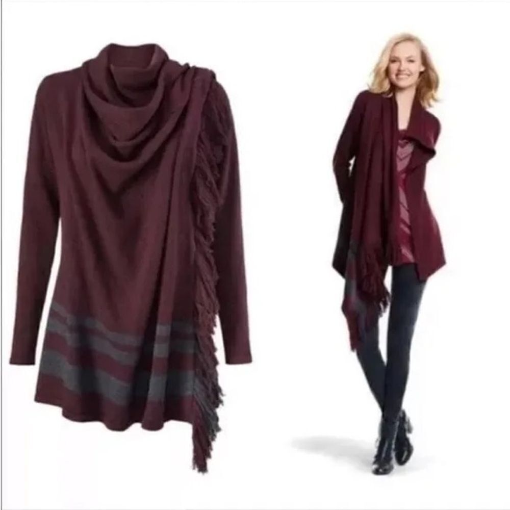 Cabi | 3002 Port Fringe Long Sleeve Wrap Sweater | S
